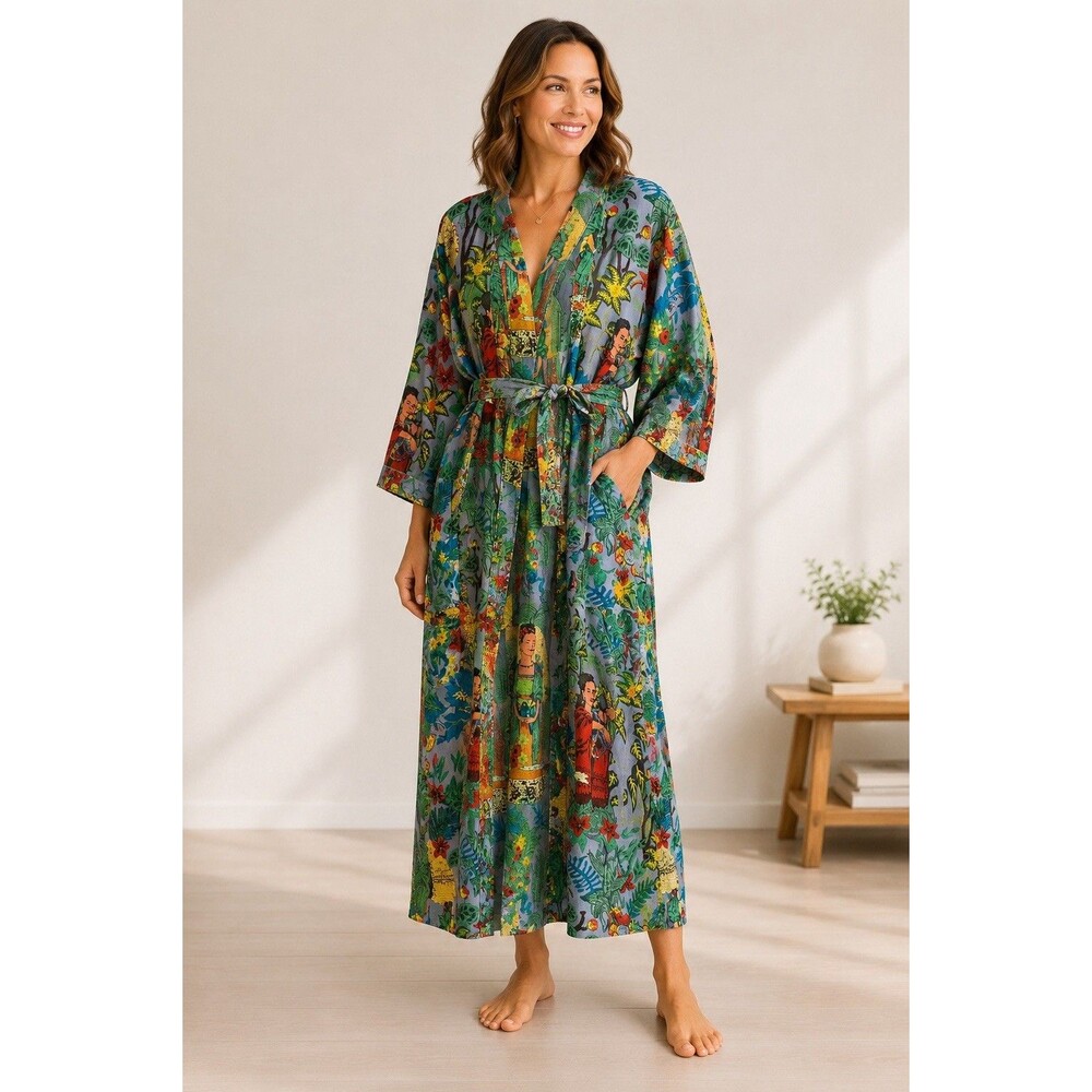 Frida Kahlo Cotton Kimono Robe Duster Floral Tropical Boho Festival Cover Up